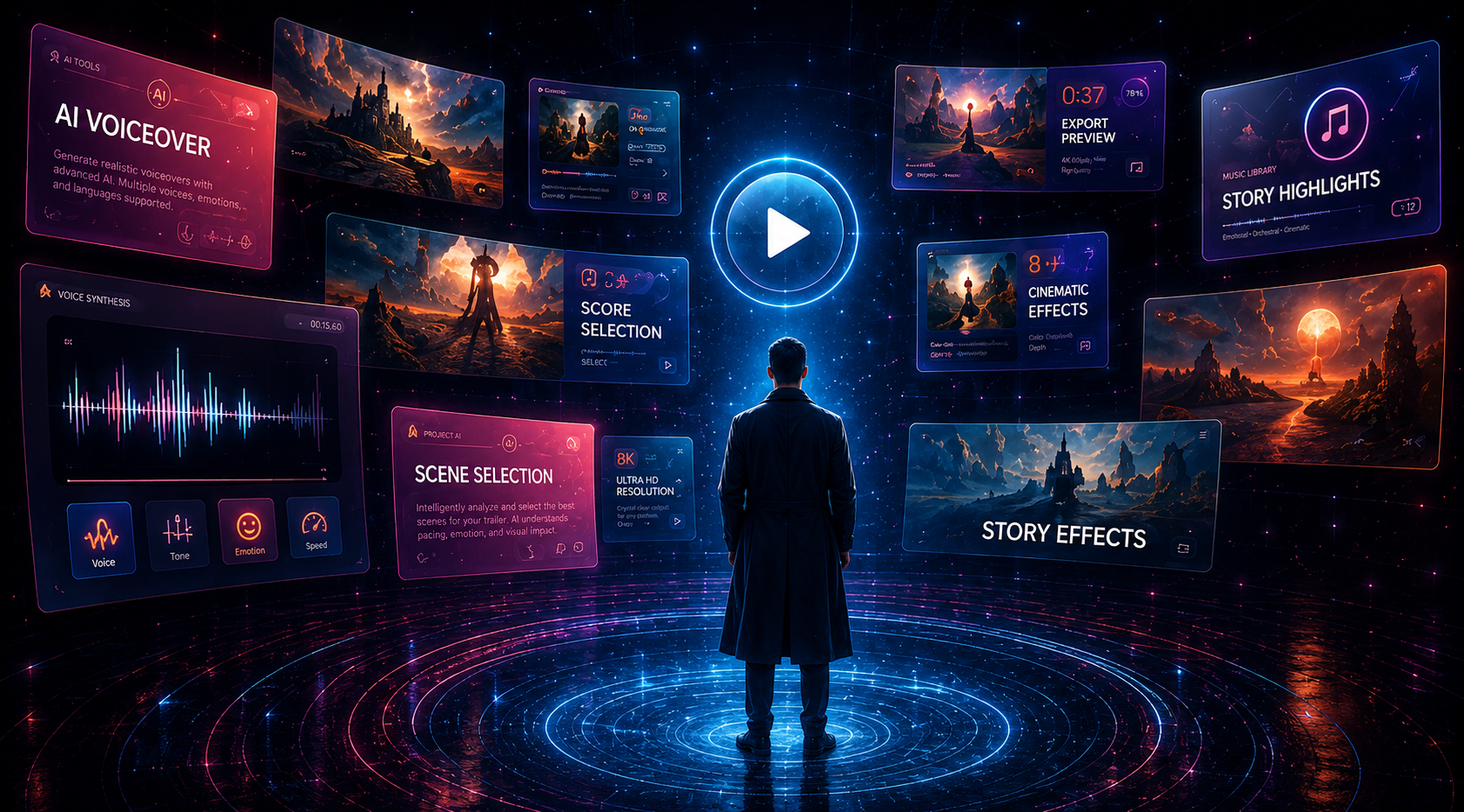 Creative workflow with story highlights and scene selection panels